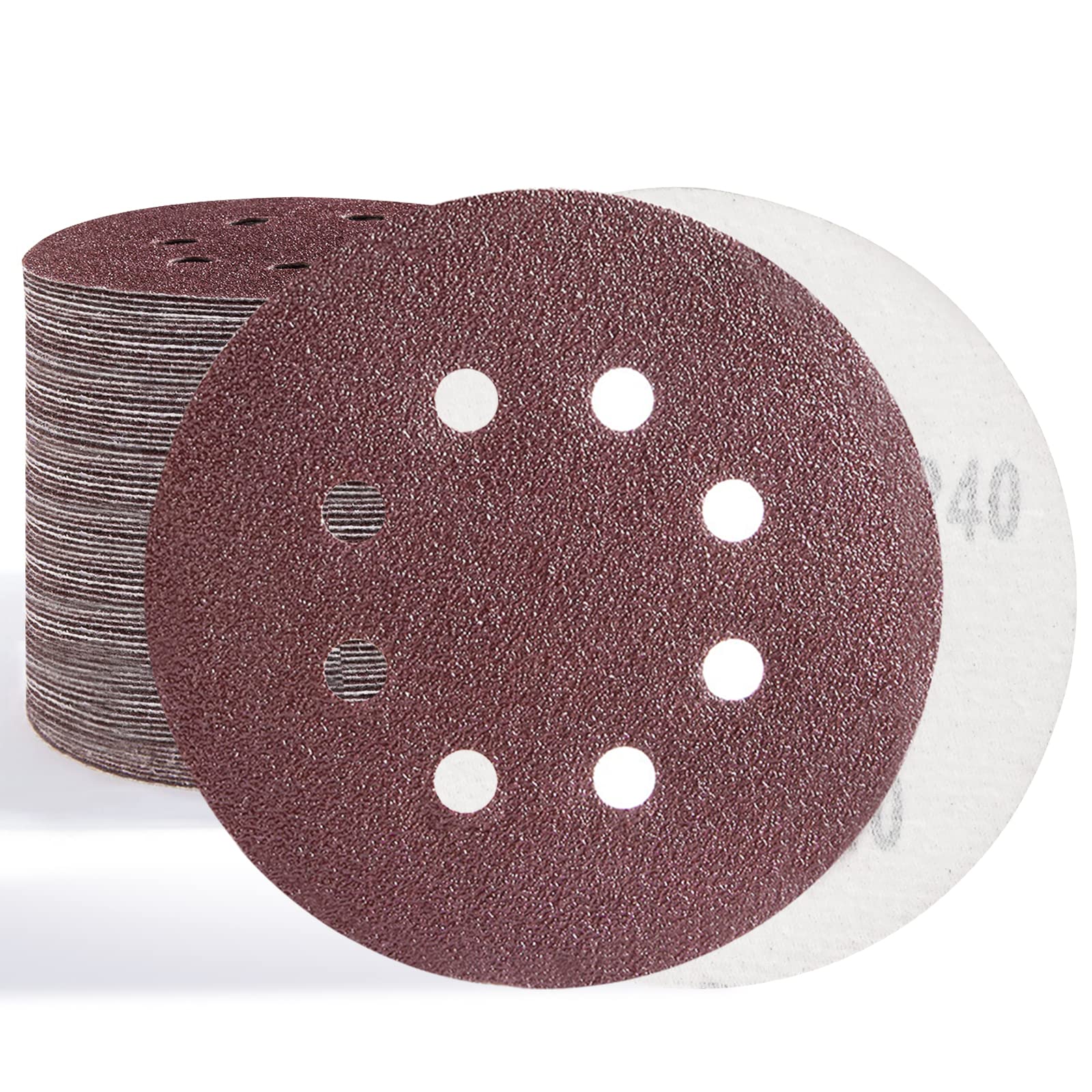BOZILY 50 Pcs Sanding Discs, 125mm 8 Holes 5 Inch 40 Grit Hook and Loop Sander Pads，Sandpaper Assorted for Random Orbital Sander
