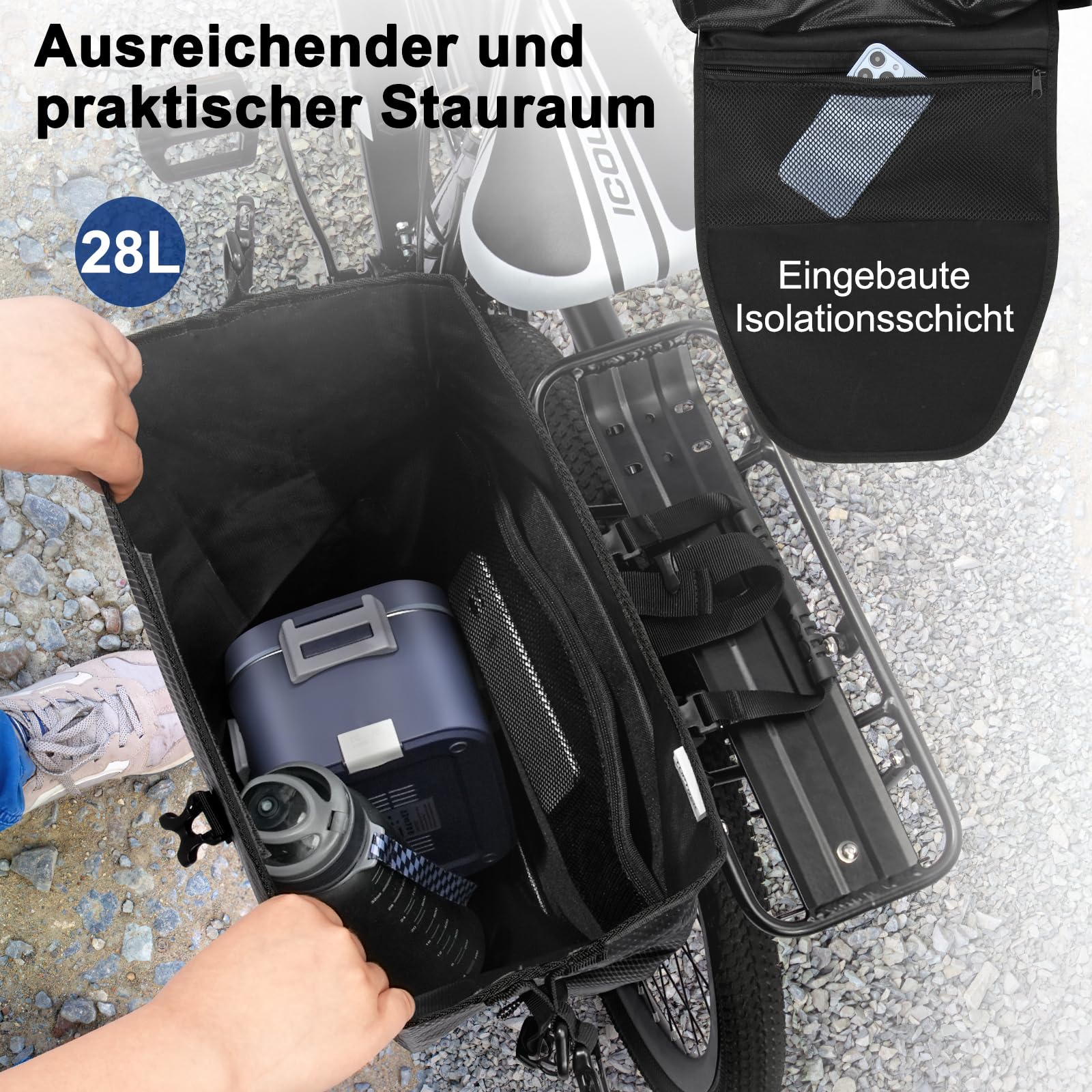 toptrek Fahrradtaschen für Gepäckträger, 23-28L Fahrradtasche Gepäckträger Wasserdicht, Gepäckträgertasche mit Reflektoren, Fahradtaschen Hinten Gepäckträger mit Tragegriff und Schultergurt 5
