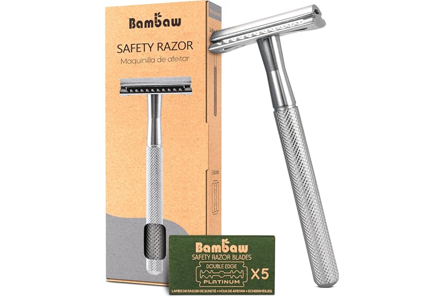 Bambaw Double Edge Safety Razor for Men & Women, Metal Razor with 5 Double Edge Safety Razor Blades, Eco-Friendly Razor – Silver