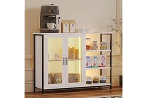 LVSOMT LED Farmhouse Coffee Bar Cabinet, Wine Cabinets with Removable Wine Rack, Buffet Cabinet with Motion Sensor for Kitchen, Dining Room (Pure White-43.3''L)