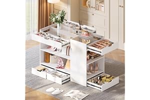 ANCTOR Bedroom Island, 47.4”W Wardrobe Closet Armoire Island with 8 Drawers Glass Top, Jewelry Center Island for Walk in Closet, Dresser for Bedroom Cloakroom Store, White