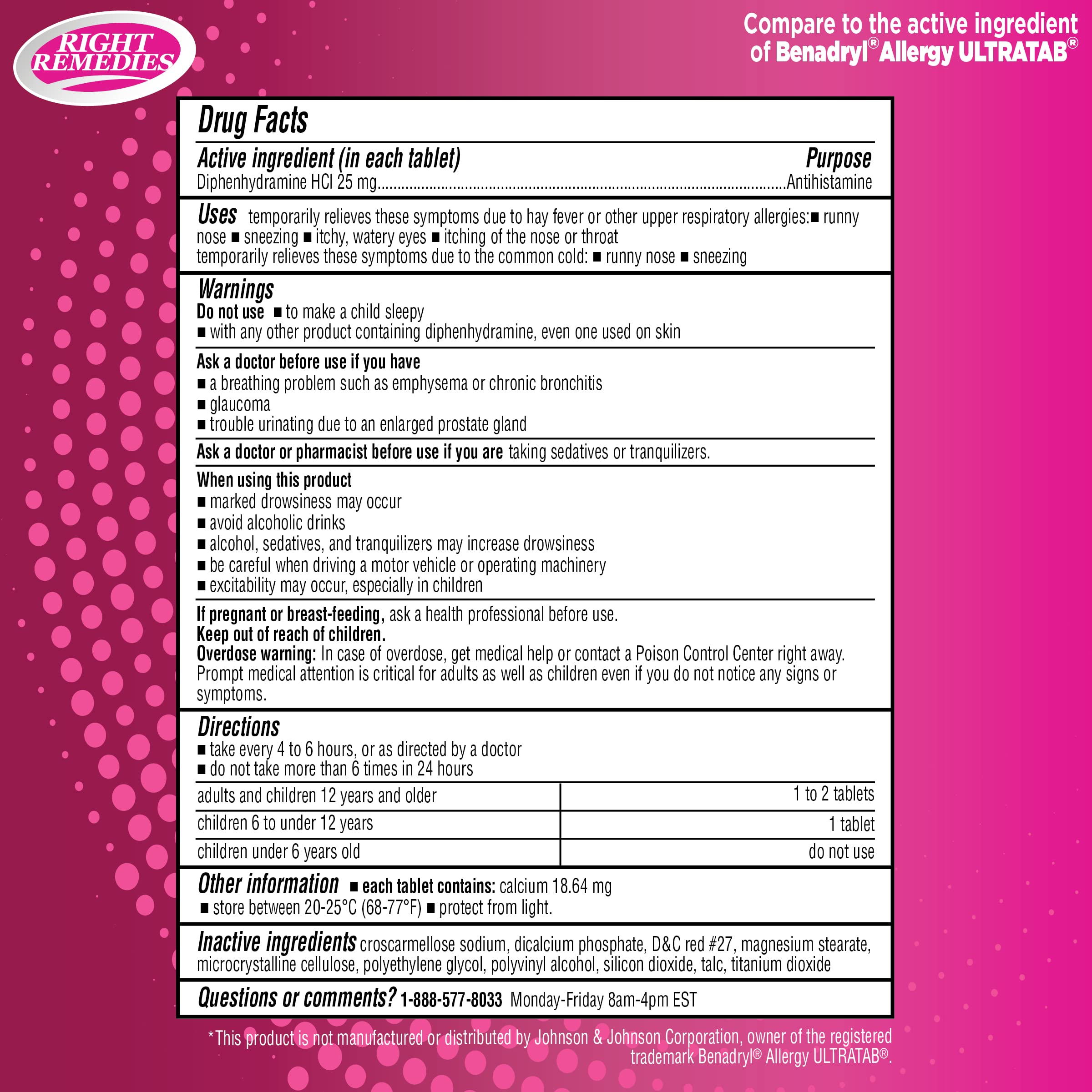 RIGHT REMEDIES Allergy Relief Antihistamine, Diphenhydramine HCl 25mg, (600 Count), Generic Benadryl Ultratabs, Relieves Seasonal Indoor or Outdoor Upper Respiratory Allergies
