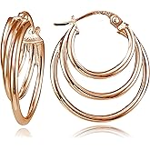 Hoops & Loops 925 Sterling Silver Triple Round Stacked Hoop Click-Top Earrings for Women, Silver, Yellow Gold & Rose Gold