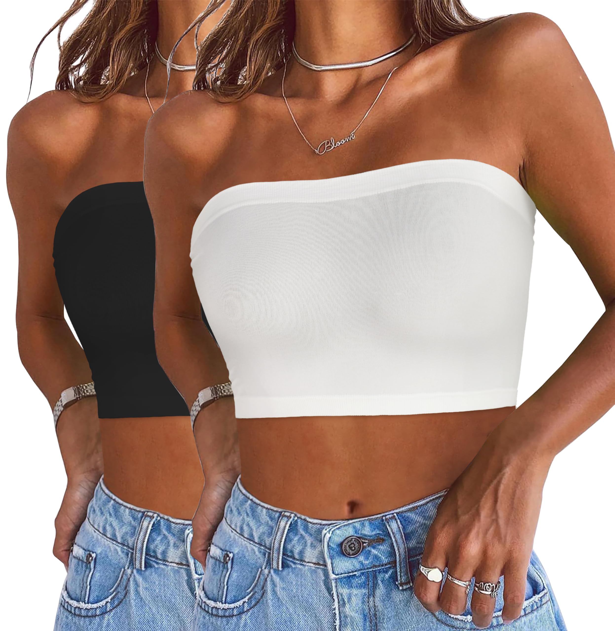 Photo 1 of Womens Tube Tops Summer Bandeau Casual Crop Top Going Out Strapless Tank Basic Short Shirt(2 Pieces Black,White,One Size Plus)