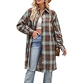 Bozanly Oversized Mid Long Plaid Flannel Shirts for Women Lapel Long Sleeve Check Blouse with Pockets