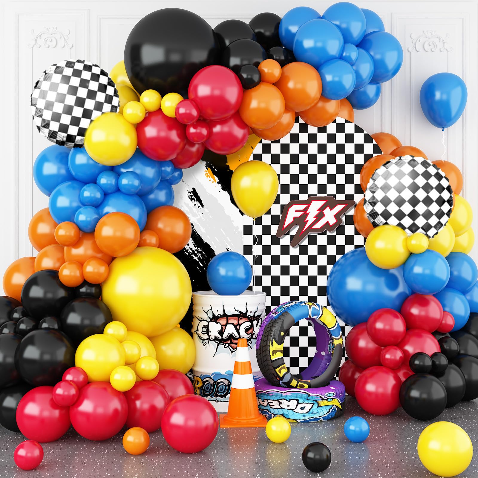 Racing Theme Balloons Arch Garland Kit, Blue Red Black Checkered Pattern Flag Foil Balloon, Racing Themed Decorations for Boys Birthday Party Baby Shower
