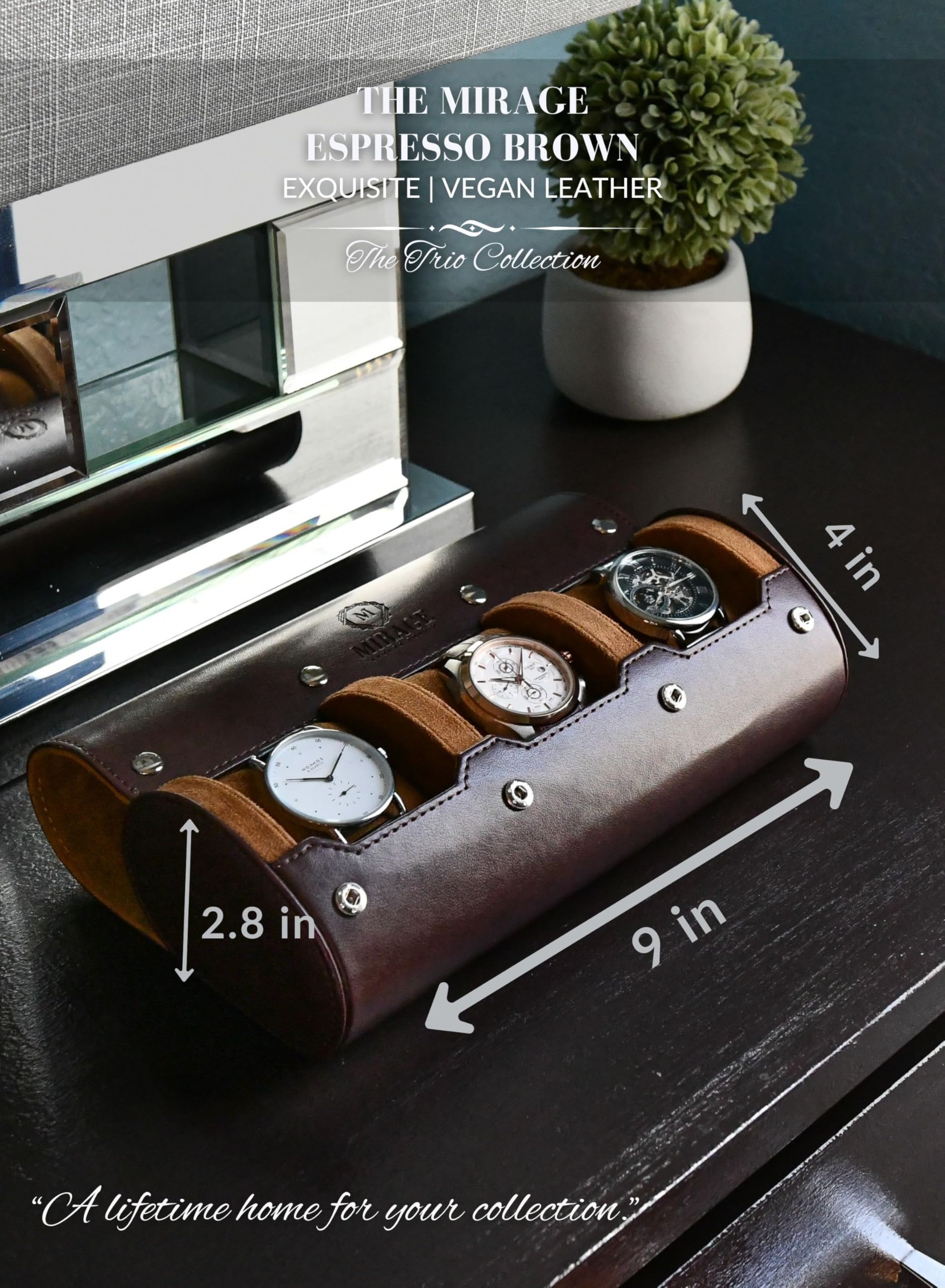 M Mirage Luxury Travel Watch Travel Case for Men Watch Roll for Travel Organizer and Display Watch Case - Swiss Espresso Vegan Leather Watch Case