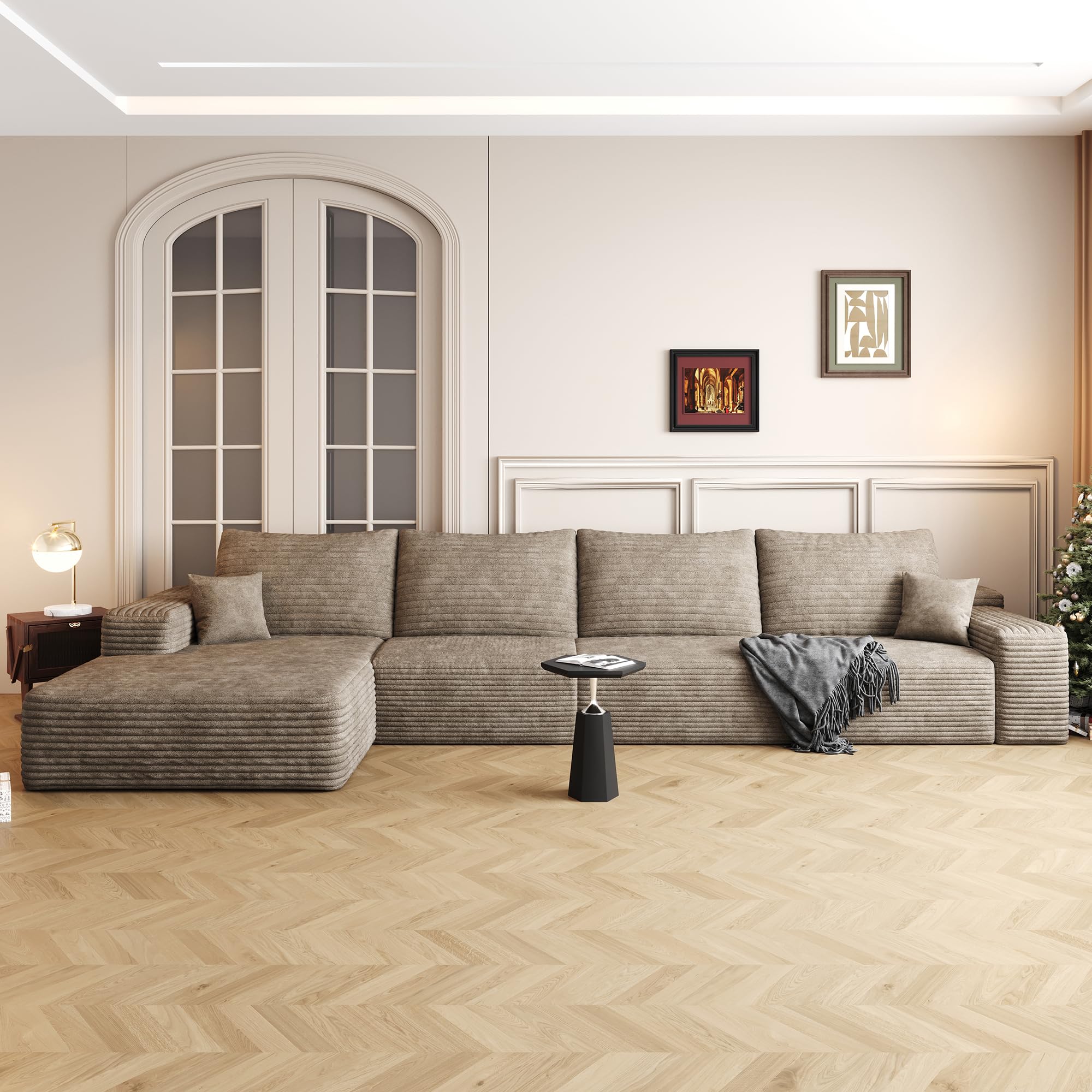 Photo 1 of *** MINOR DAMAGE TO ZIPPER ON BOTTOM***135" Oversized Compressed Sectional Sofa - 33D High-Density Foam Cloud Couch with Deep Seat - Minimalist 3-Piece Corduroy Upholstered Boneless Modular Lounge Couch