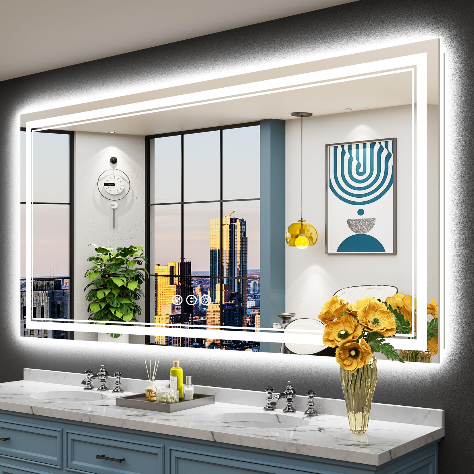 AWANDEE 72x40 LED Bathroom Mirror with Lights, Backlit & Front Lit, Anti-Fog Frameless Lighted Vanity Mirrors for Bathroom Wall, Dimmable, 3-Color Light, Memory, Shatter-Proof, Tempered Glass, CRI＞90 Image
