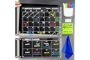 JOYOUSA Acrylic Calendar for Fridge - Magnetic Calendar for Refrigerator - 2pc Family Refrigerator Magnetic Dry Erase Planning Board Monthly Weekly - Fridge Calendar - 6 Liquid Chalk Markers & 3 Backgrounds