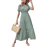 PRETTYGARDEN Women's Summer Casual Short Flutter Sleeve Round Neck Smocked Waist Tiered Boho Floral Flowy Maxi Dress