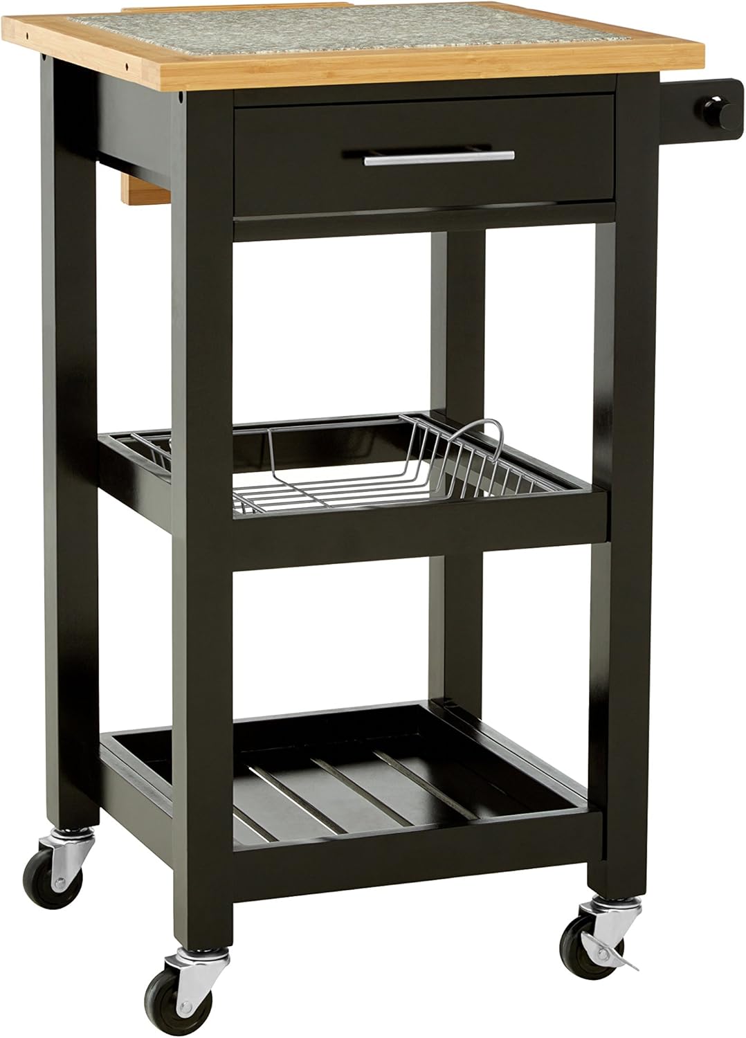 Premier Housewares Kitchen Trolley, Granite Top, Pinewood Frame, 92 x 54 x 50 cm, Wood, Black
