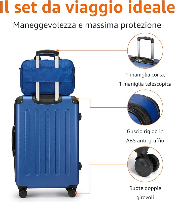 Set di Valigie Rigide, 4 pezzi, Valigia Grande, Trolley, Borsa a mano, Borsa da viaggio compatta, Espandibili, 4 Ruote Girevoli, Blu Navy