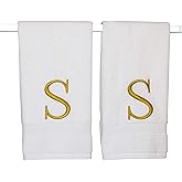 Decorvo Monogrammed Hand Towels for Bathroom - Luxury Hotel Quality Personalized Initial Decorative Embroidered Bath Towel for Powder Room, Spa - GOTS Organic Certified - Set of 2 Gold Letter S