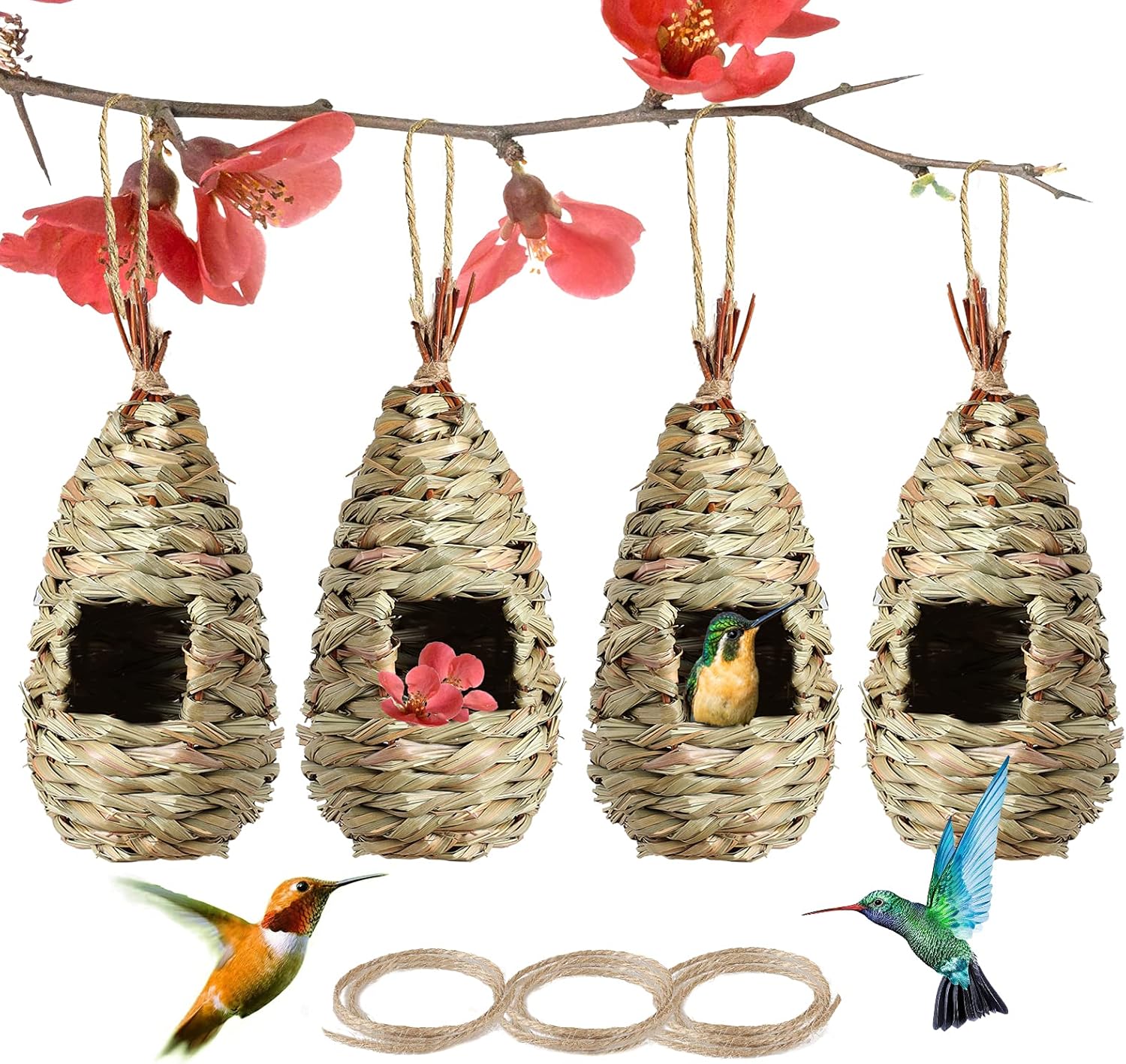 PiiSheou 4 Pack Hummingbird Houses for Outside, Hand Woven Natural Grass Hanging Birdhouse with Rope, Water Drop Shape Outdoor Bird House, Bird Lovers Gifts for Audubon Finch Canary Chickadee : Garden & Outdoor