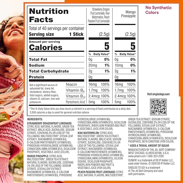DUNKIN’ REFRESHERS SINGLES TO GO! ZERO SUGAR POWDERED DRINK MIX, 40 CT VARIETY PACK, ENERGY FROM GREEN TEA, ASPARTAME-FREE, NO SYNTHETIC COLORS, 40 SINGLE-SERVE PACKETS, JUST ADD WATER