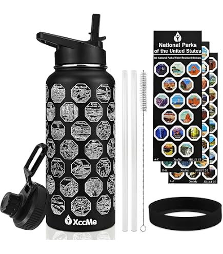 National Parks Wasserflasche Mit 63 Aufklebern – 907 Ml Edelstahl, Isoliert, Mit Strohhalm-Deckel, Wasserdichte Aufkleber, Hellbraun, Kollaboration Mit Erikas Chesonis