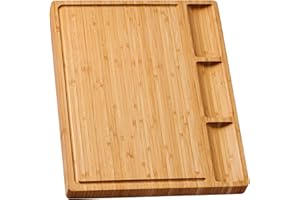 ALLSUM Large Bamboo Wood Cutting Board for Kitchen, Cheese Charcuterie Board with 3 Built-in Compartments and Juice Grooves, Butcher Block (17x12.6")