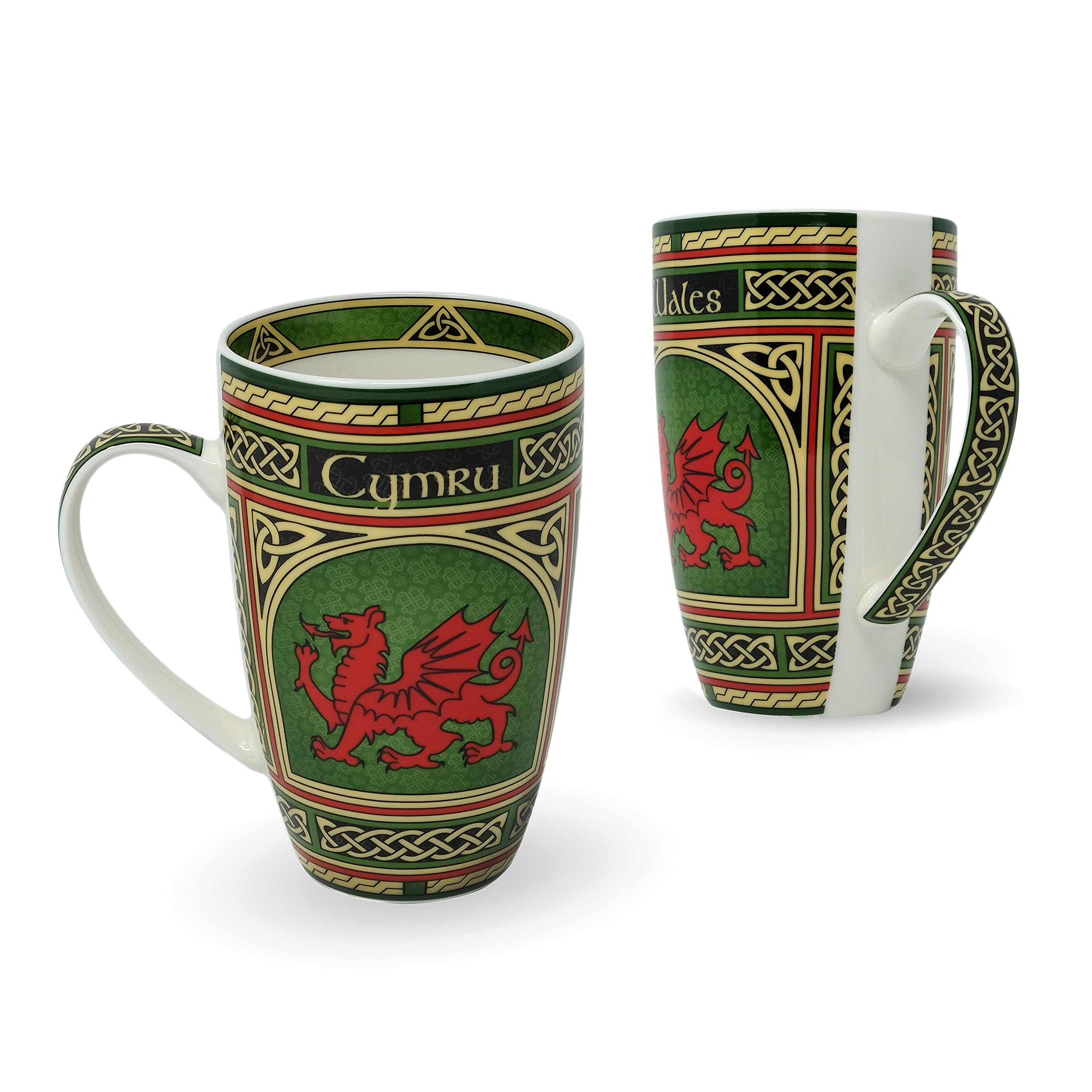 Royal Tara Set of 2 Wales Porcelain Coffee Mugs - Welsh Red Dragon Porcelain Cups with Irish Celtic Knots Design, Made of New Bone China 400ml/14fl oz