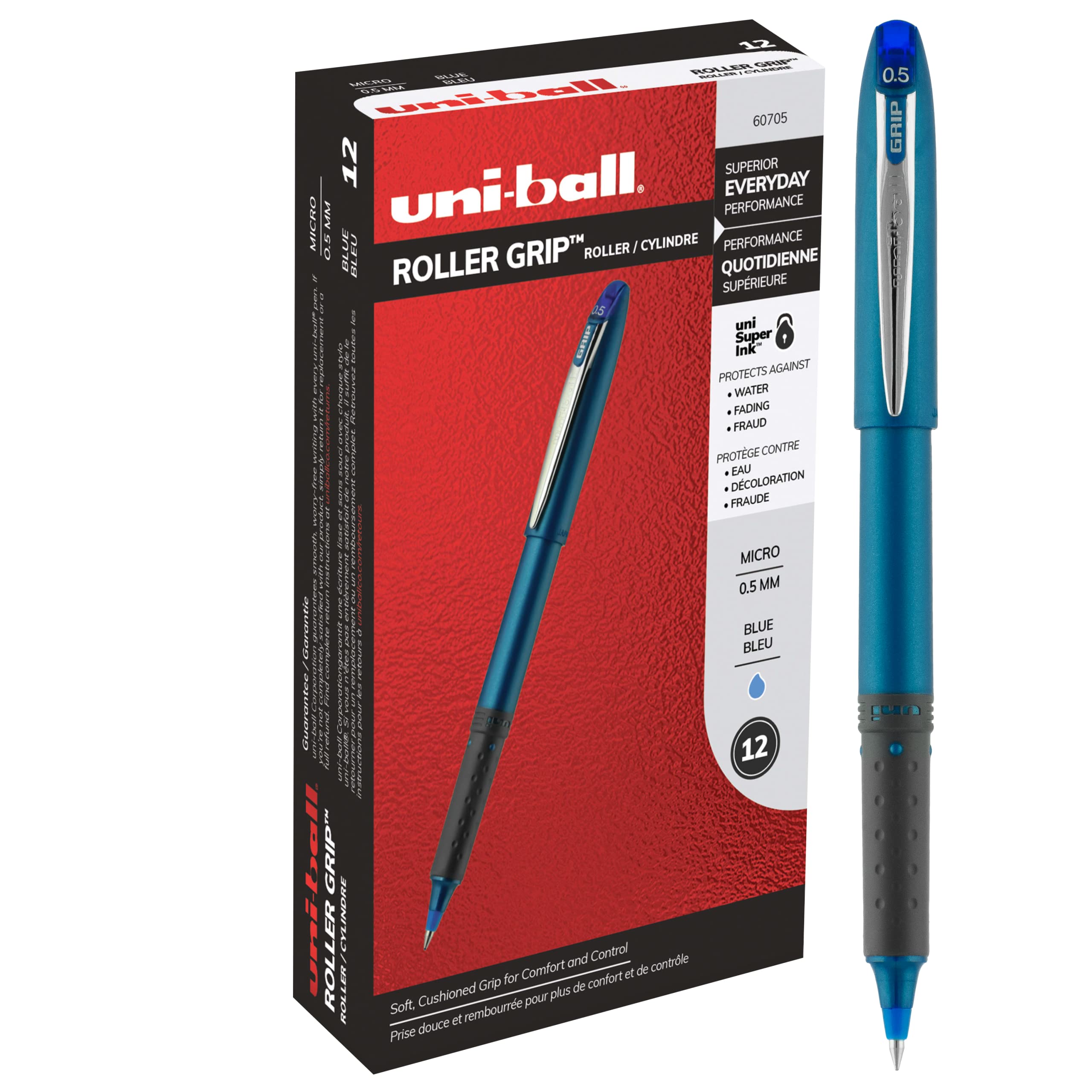 uniball Grip Roller Ball Pen, Stick, Micro Mm, Blue Ink, Blue