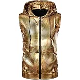 ZEROYAA Mens Shiny Metallic Zip Up Sleeveless Hooded Vest T Shirt with Kangaroo Pocket