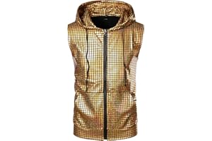 ZEROYAA Mens Shiny Metallic Zip Up Sleeveless Hooded Vest T Shirt with Kangaroo Pocket