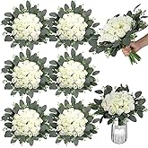 Zeyune 12 Bunches Wedding Bridesmaids Bouquets 144 Heads 7 Inch Artificial Rose Bouquets Silk Fake Flower Bulk with Stems for Valentine's Day Wedding Bridal Shower Home Party Decor(White Green)