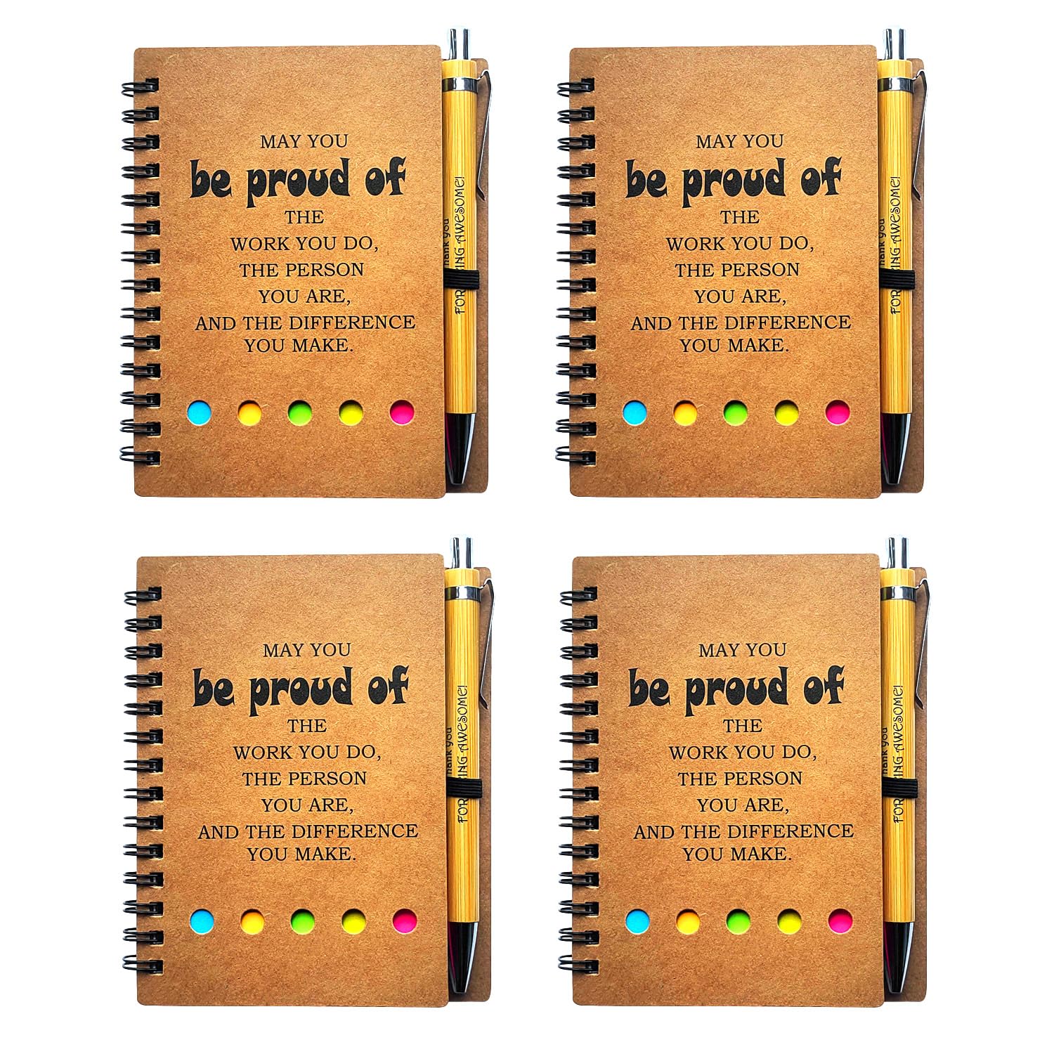 Riiriou 4 Sets Employee Appreciation Lnspirational Spiral Journal with Sticky Note Notepad Motivational Bamboo Ballpoint Pen Bulk for Nurse Teacher Student Coworker Thank You Present