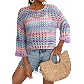 Dokotoo Womens Spring Summer 3/4 Sleeve Crochet Sweater Hollow Out Color Block Striped Tops Casual Beach Vacation Cover Ups