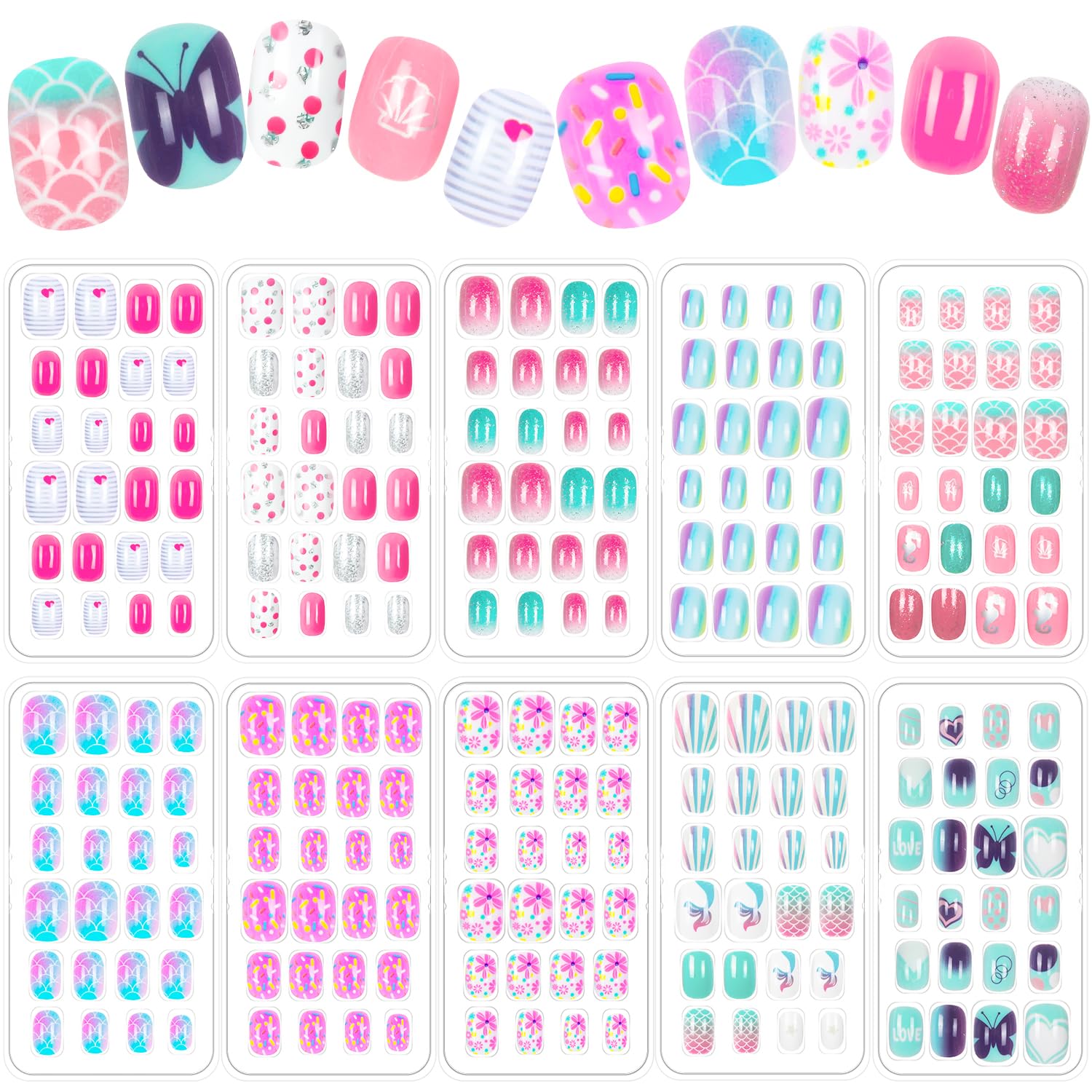 View 1 of  Press on Nails Girls Fake Nails for Kids Artificial Kids Press on Nails Full Cover Short Acrylic Stick On Nails False Nail Tips Kit for Children Little Girls Nail Art Decoration
