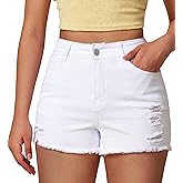 GOBLES Women's Summer Casual Mid Waist Denim Shorts Stretchy Ripped Distressed Jean Shorts