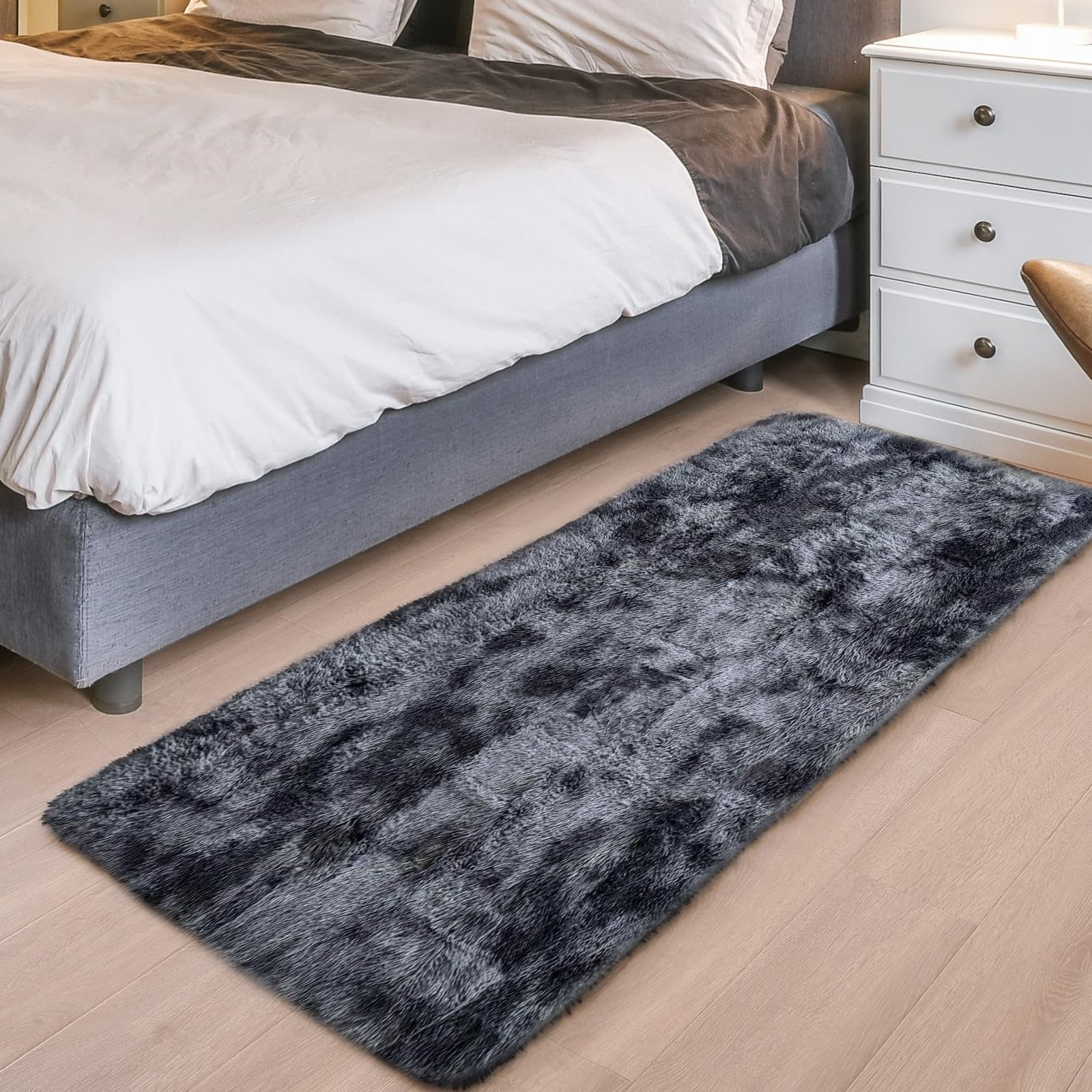 ASIinnsy Area Rugs Soft Fluffy Shaggy Rugs Living Room Grey Large Modern Plush Rug High Pile Non-Slip Bedroom Carpet Floor Mat Nursery Bedside Rug (Black Grey, 80 x 200 cm)