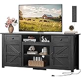 WLIVE TV Stand for 65 70 75 inch TV, Modern Farmhouse Entertainment Center with Built-in Power Outlet, TV Console with Storage Cabinets & Drawers for Living Room, Black