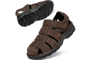 KOIMED Men's Hiking Leather Sandals Closed Toe Water Shoes For Summer Athletic Outdoor Walking Sports Trail River Fishing Wide Adjustable Waterproof Arch Support