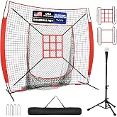 Sturdum 7x7 ft Baseball Net with Batting Tee, Strike Zone | Baseball Softball Batting Net for Practice Hitting Pitching Fielding, Quick Setup, Portable, with Carry Bag, 4 Ground Stakes
