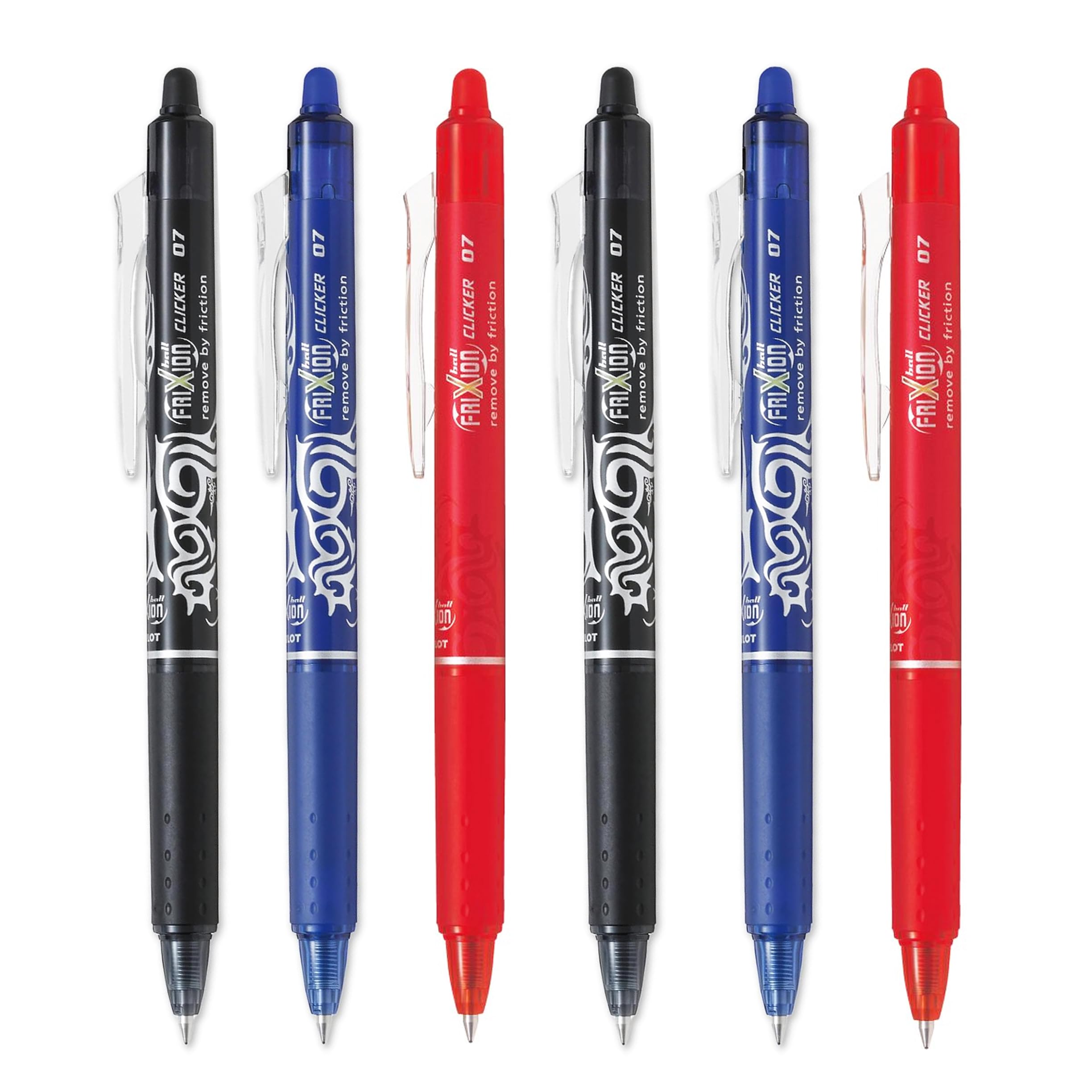 PILOT FriXion Clicker Fine Erasable Friction Rollerball Pen - Retractable Tip 0.7mm Nib 0.35mm Line Width - Black, Blue, Red - Pack of 6