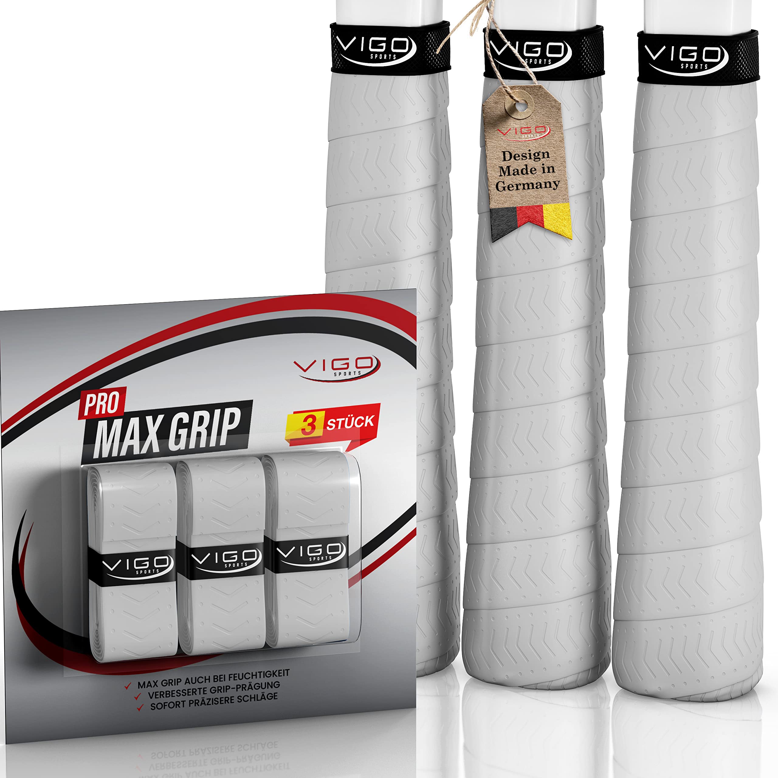 VIGO SPORTS Pro Maxgrip [Set of 3] Overgrip Tennis Racket with Special Profile for Ultimate Grip - Tennis Grip Tape for Optimal Racket Control with Easy Assembly