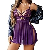 Avidlove Lingerie for Women V Neck Lace Babydoll Mesh Nightwear Slit Chemise Nightie Dress S-XXL