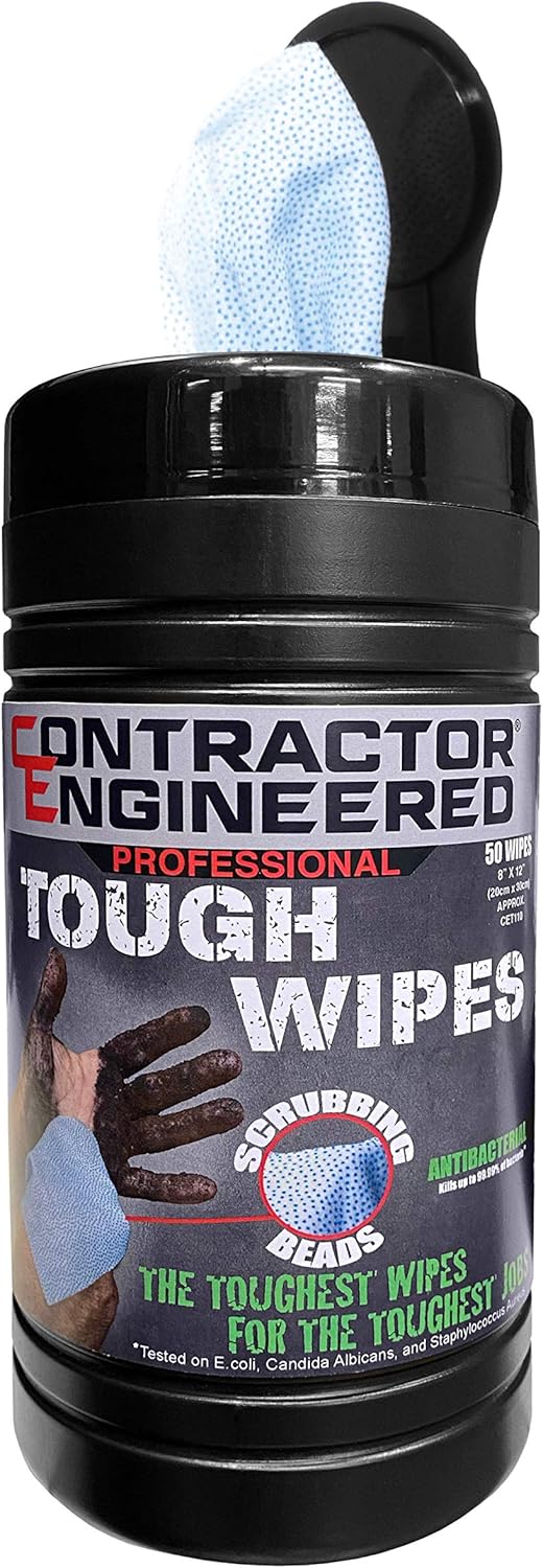 CE Tools Pro Tough Wipes with Scrubbing Beads, Thick Heavy-Duty Hand Wipes, Multi-Surface Wipes, Waterless Hand Cleaner (50-Count Barrel): Health & Personal Care