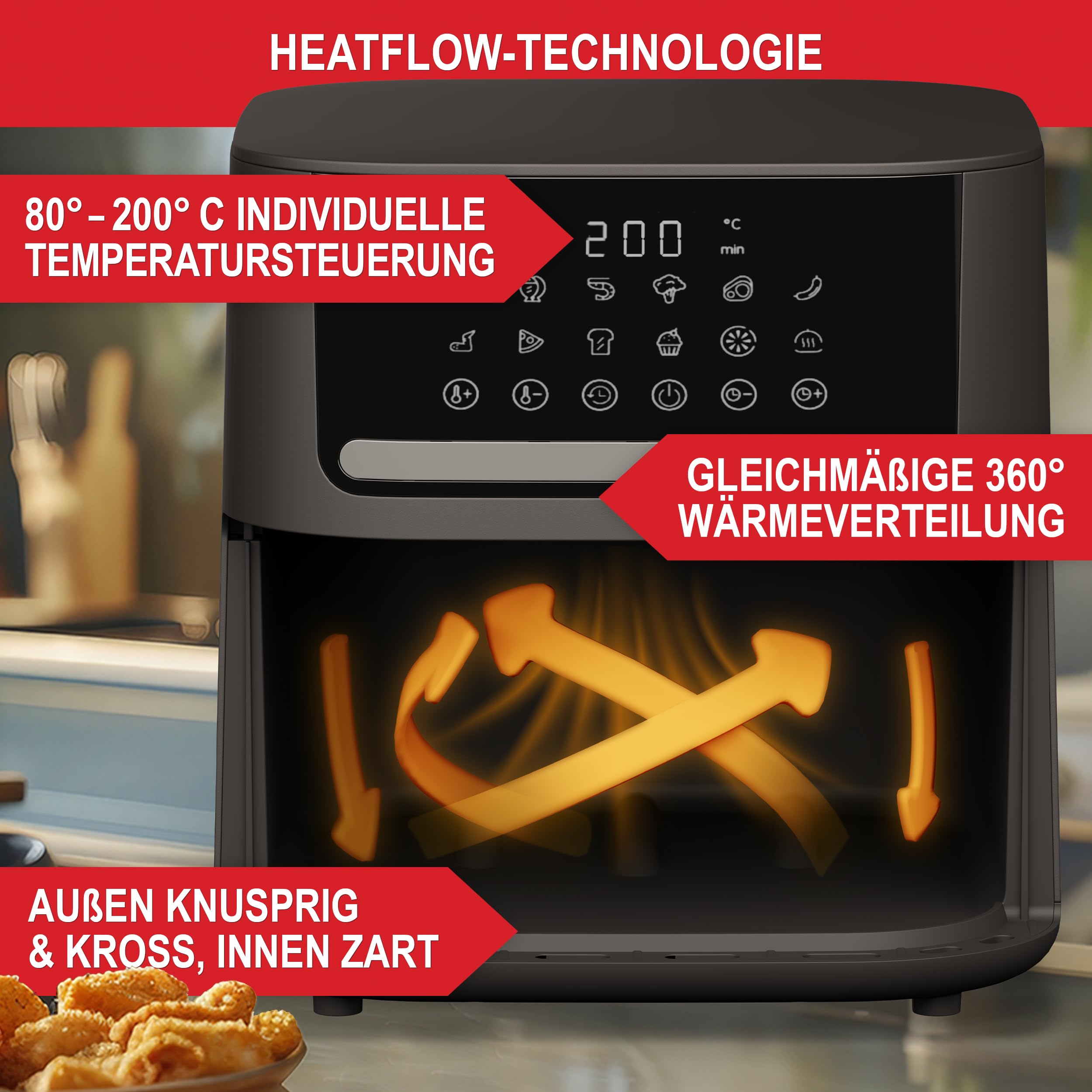 ONBEST Heißluftfritteuse mit großem Sichtfenster & 12 Kochprogrammen – XL Airfryer mit 6,5 Liter,1600 Watt PLUS 100x Backpapier – Frittieren ohne Öl für 2-5 Personen 5