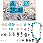 HERZWILD 325Pcs Turquoise Sea Turtle Beads Blue and White Starfish Beads Tortoise Turtle Charms Summer Ocean Animal Spacer Bead Shell Bead for Jewelry Making DIY Bracelet Necklace Supplies(Box)