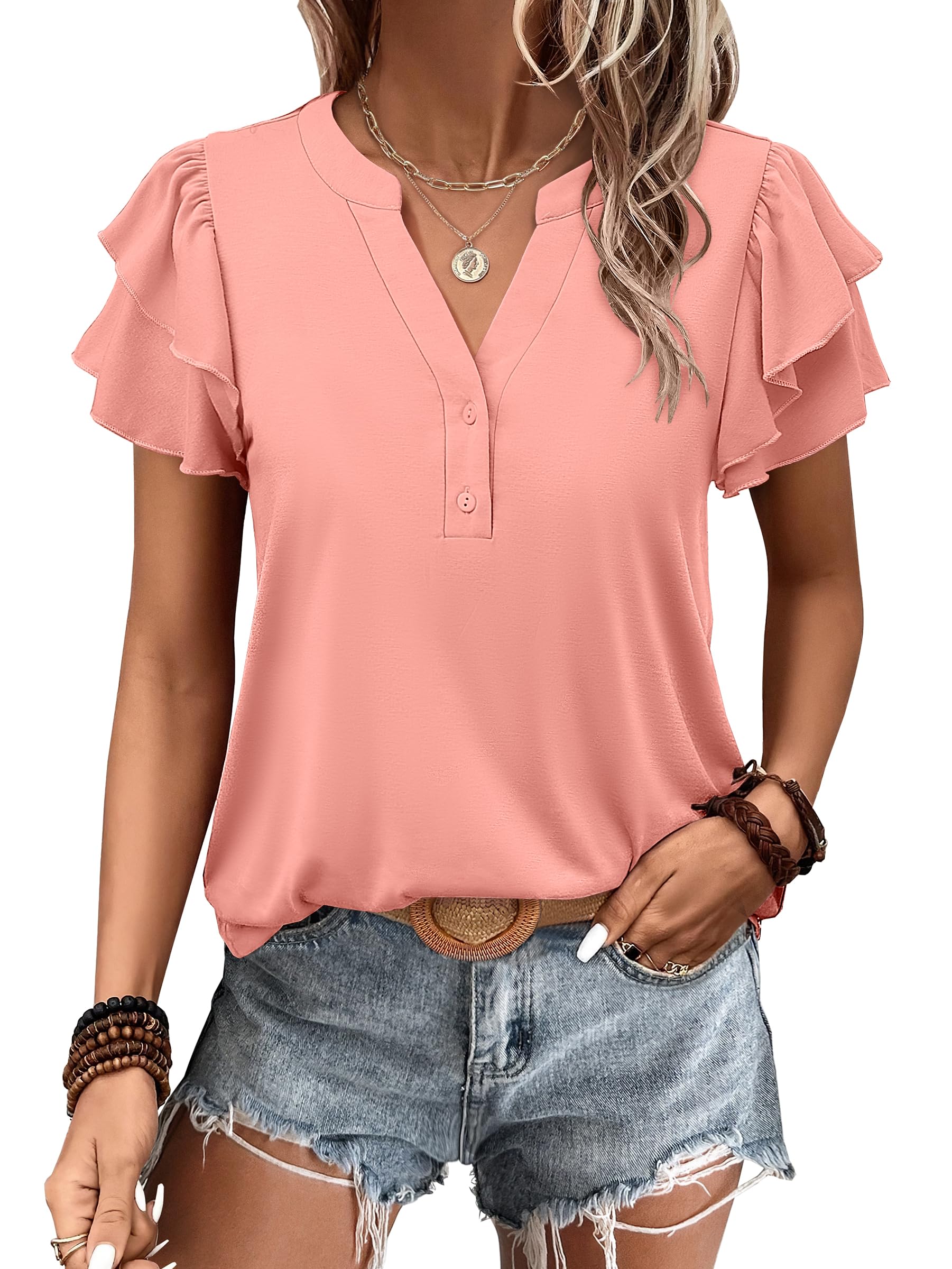 Photo 1 of ANRABESS Womens Tops Dressy Casual Ruffle Short Sleeve V Neck Blouses Summer Button Down Business Work Elegant Shirts Coral Small