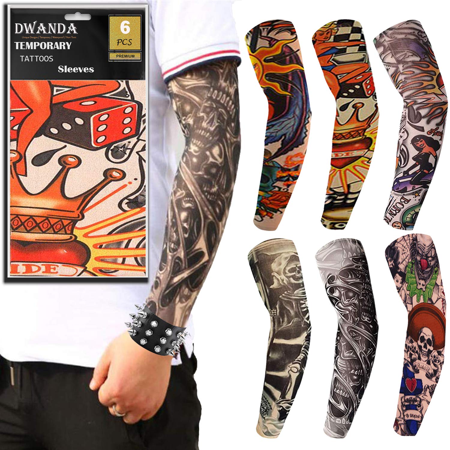 Dwanda Stretchy Nylon Fake Temporary Tattoo Sleeves, Body Art Arm Stockings Slip Accessories Halloween Tattoo Soft for Men Women (6 Pcs)