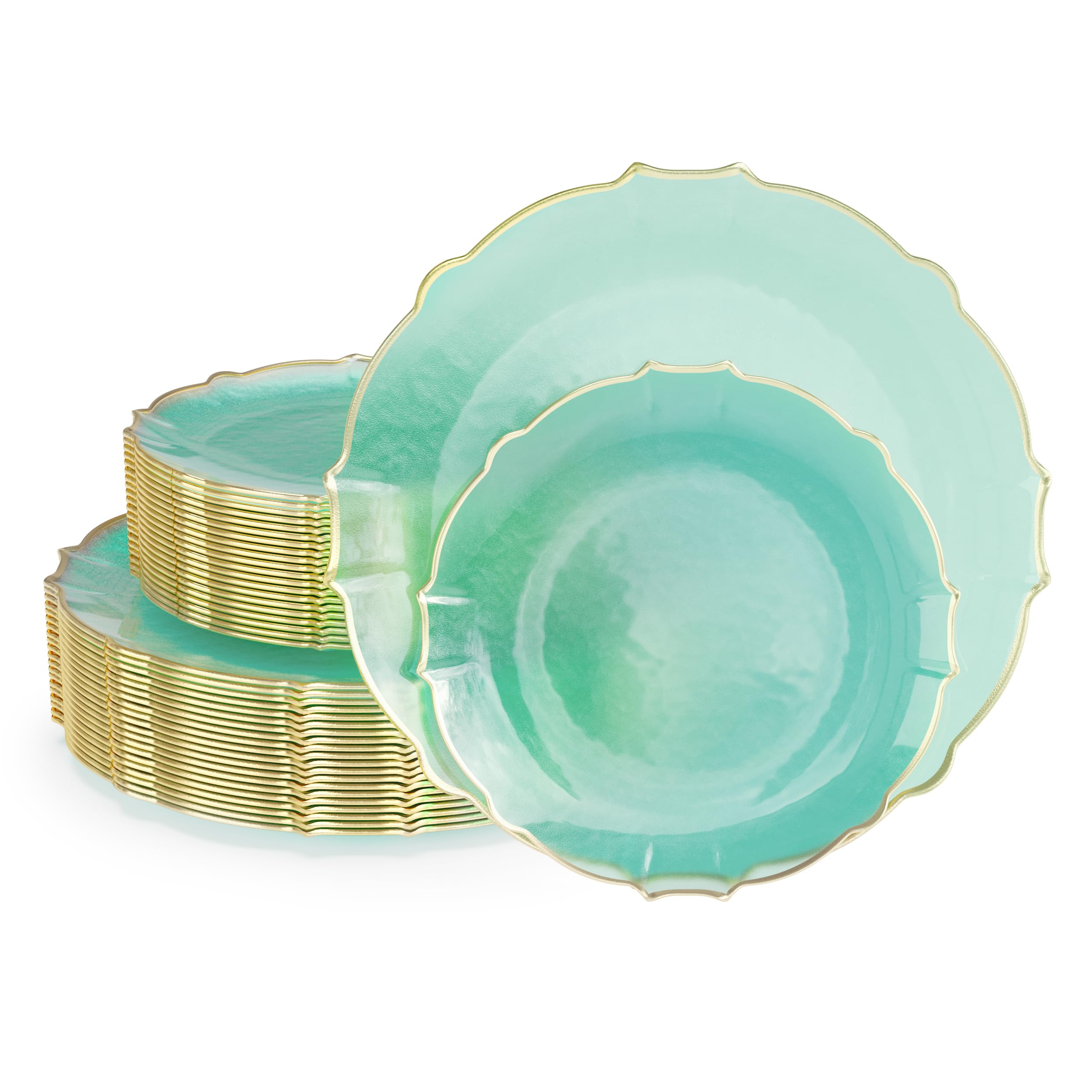 Photo 1 of **ONLY 14- 10 INCH PLATES/MISSING ALL SMALL PLATES**Exquisite Tinted Plates 40 Piece Plastic Disposable Plates for Party Set For 20 Guests 20 X 7.5 Dessert Plates & 20 X 10 Thin Delicate Fancy Plastic Plates Disposable Dinnerware Mint Gold Rim