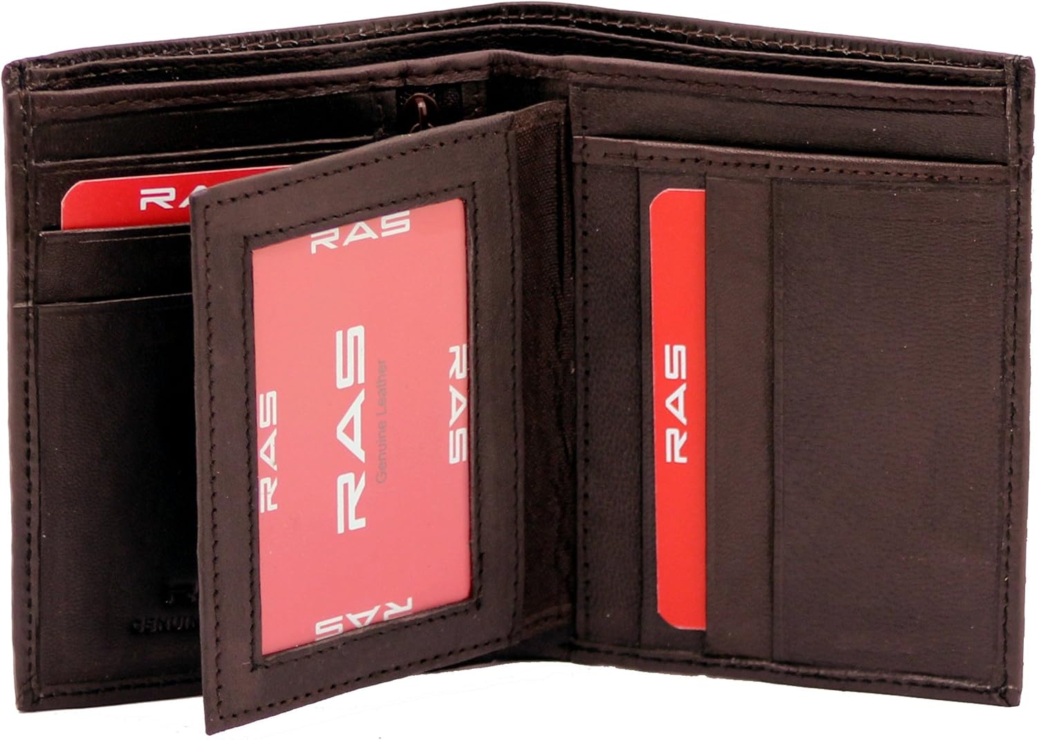 RAS Real Leather RFID Blocking Wallet Bifold Horizontal Design ID Cardholder Multi Card Wallet #54 (Brown)