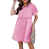 luvamia Women's Casual Short Sleeve Button Down Tiered Denim Babydoll Jean Dress