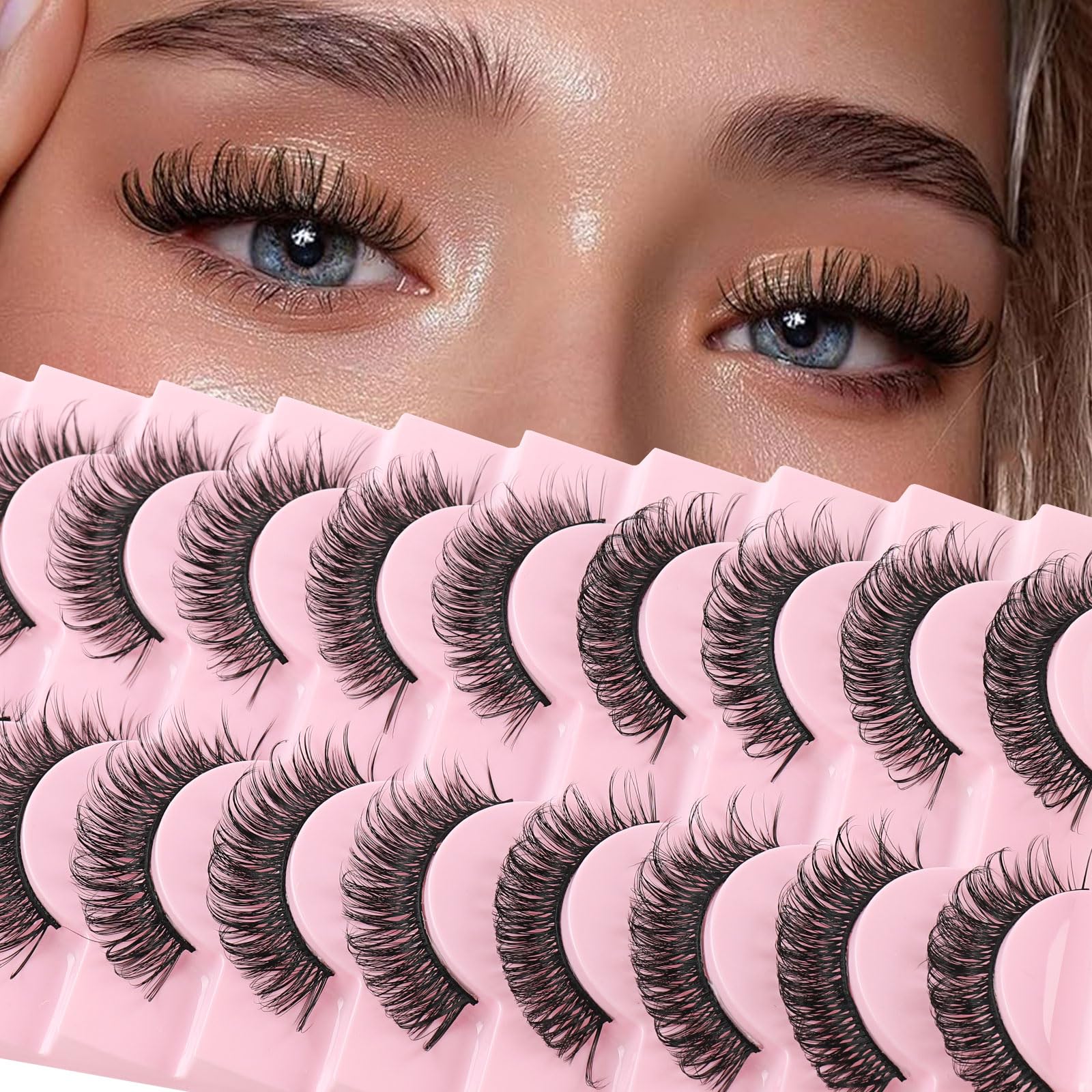 False Eyelashes Natural Look Russian Strip Lashes Faux Mink D Curl Fake Eyelashes Wispy Fluffy Volume 3D Effect Cat Eye Lashes Reusable Handmade Soft Lightweight 10 Pairs
