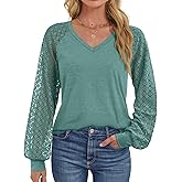 ATHMILE Womens Long Sleeve Shirts V-Neck Lace Tops Business Casual Blouses Tee 2025 Trendy Fall Fashion Outfits Clothes