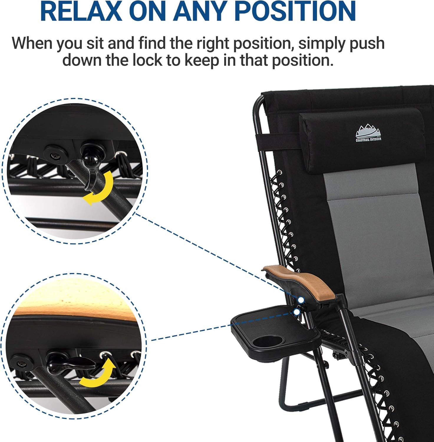Coastrail Outdoor Zero Gravity Wood Armrest XXL Camping Lounge Patio Support 400lbs Padded Reclining Folding Lawn Chair with Side Table, Black/Gray: Garden & Outdoor