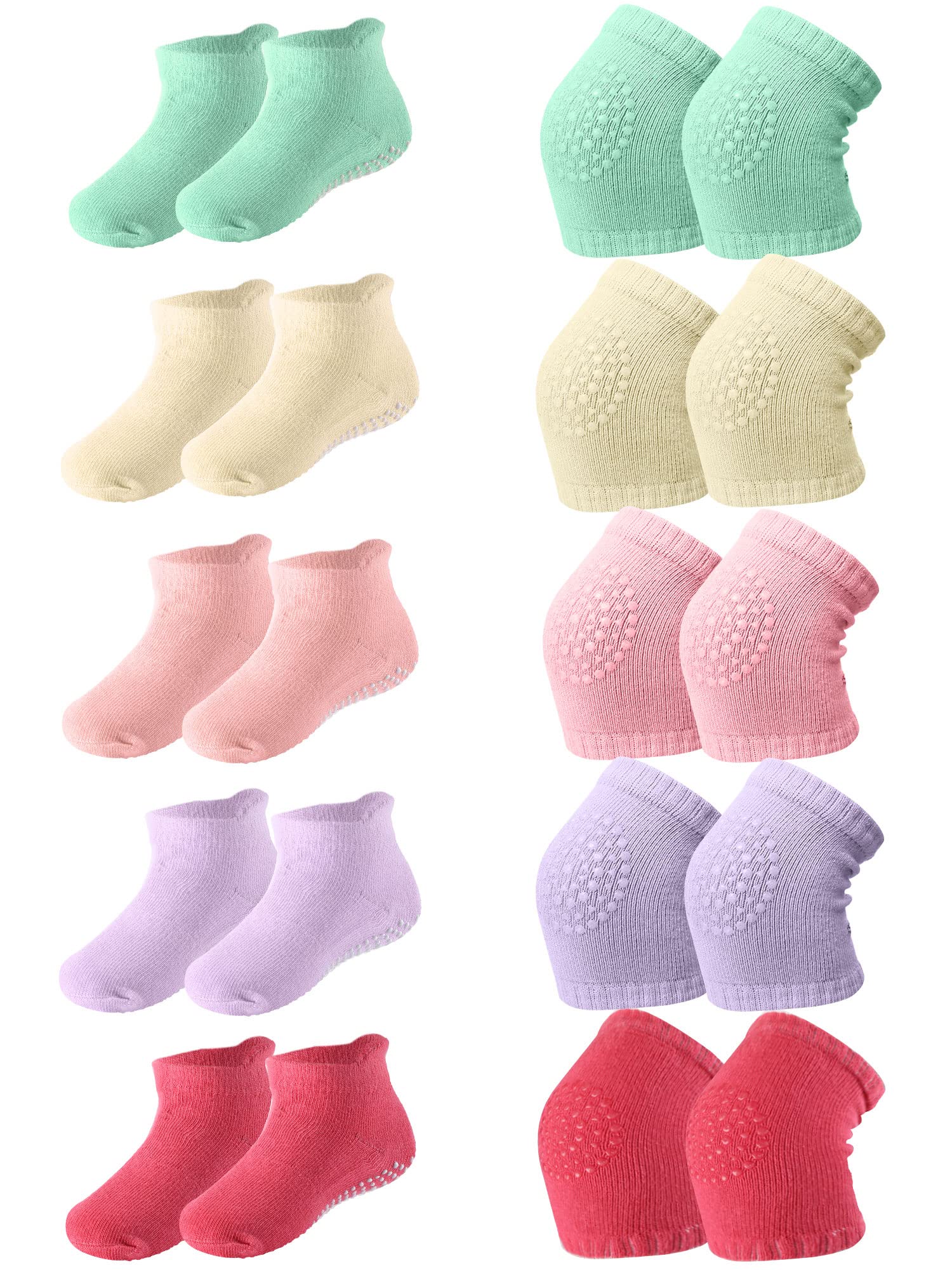 Photo 1 of Syhood 10 Pairs Baby Crawling Anti Slip Knee Pads and Anti Slip Baby Socks Set Unisex Toddler Knee Protectors Non Slip Ankle Socks (Light Yellow, Pink, Light Purple, Light Green, Red)
